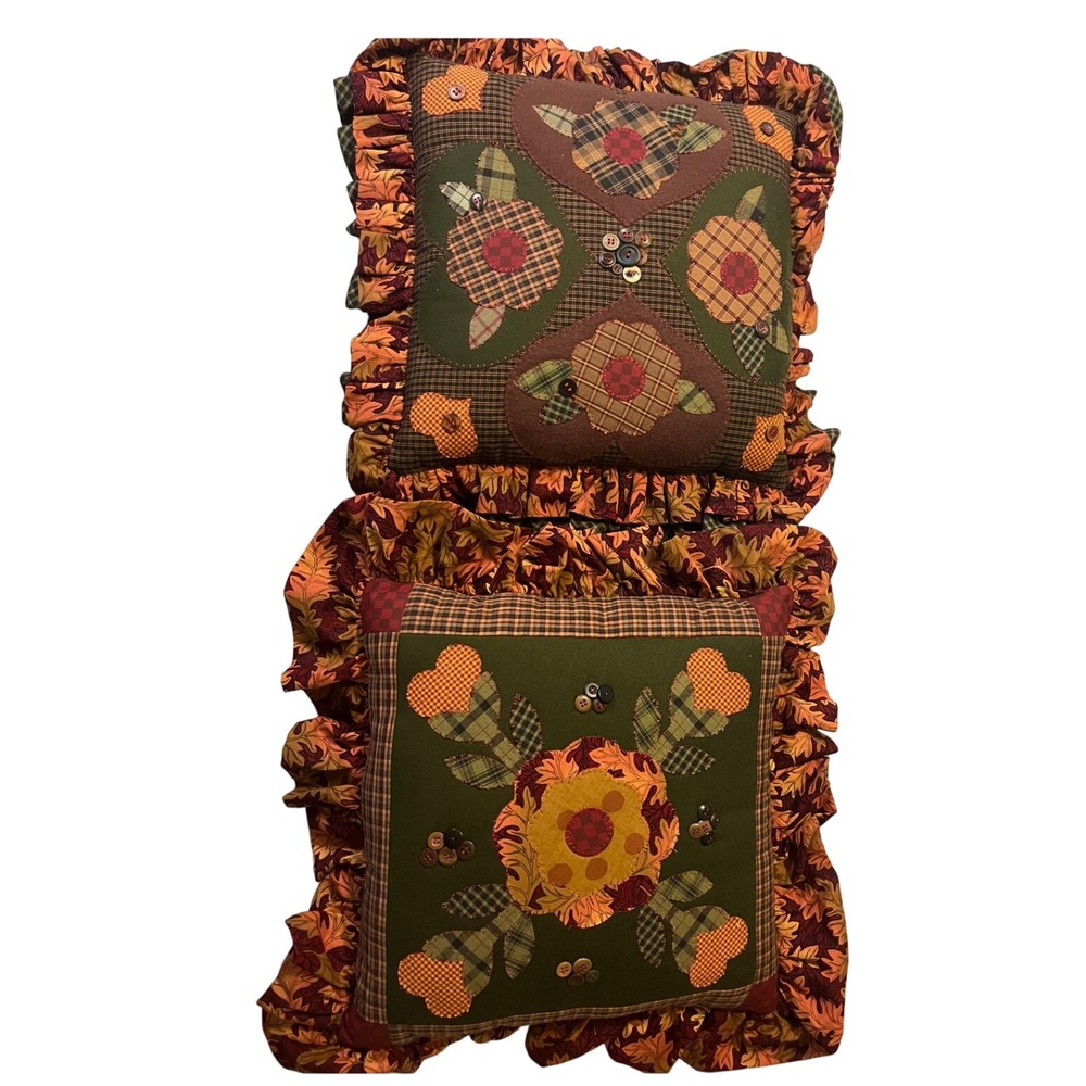 Two Handmade Ruffled Patchwork‎ appliquéd Throw Pillows Country Farmhouse Fall